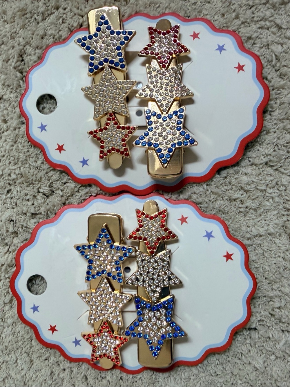 Patriotic Rhinestone Star Hair Clips Red White Blue – 2 Sets NWT